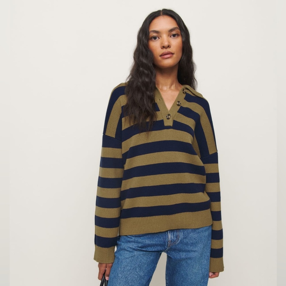 Reformation Navy and Olive Striped V-Neck Sweater